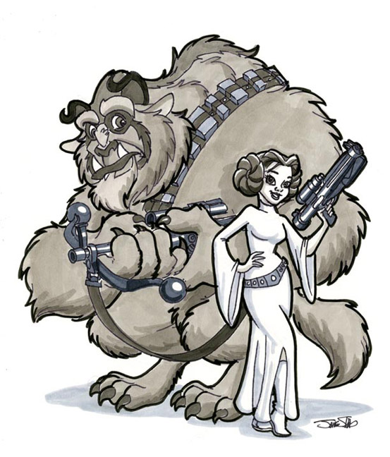 2011 ambiguous_gender bandolier beast_(disney) beauty_and_the_beast belle_(disney) belt boots chewbacca clothing crossover dress fangs female footwear gun hair hair_bun hand_on_hip holding_object holding_weapon horn james_silvani leia_organa nude ranged_weapon restricted_palette signature simple_background smile star_wars tasteful_nudity weapon white_background