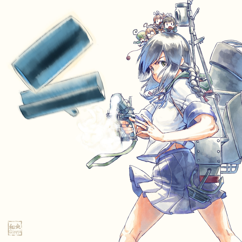 ahoge anchor artist_name black_hair braid brown_eyes brown_hair depth_charge fairy_(kantai_collection) from_side glasses green_hair gun isonami_(kantai_collection) jewelry kantai_collection long_hair machinery multiple_girls nogiguchi_kohiro on_head ring school_uniform short_sleeves simple_background skirt stamp twin_braids twitter_username type_3_active_sonar type_3_depth_charge_projector type_4_passive_sonar weapon wedding_band white_background yarn yarn_ball