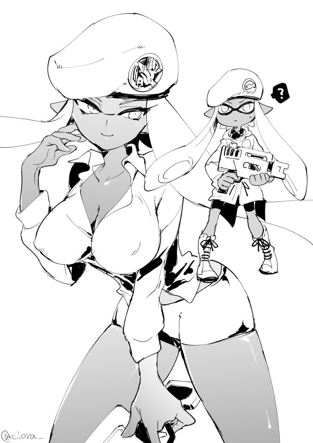 ? bangs beret bike_shorts blunt_bangs boots breasts cleavage closed_mouth coat combat_boots cross-laced_footwear dark_skin dress_shirt emblem fish forge-chan_(splatoon) greyscale hat holding holding_weapon inkling large_breasts light_smile long_hair looking_at_viewer monochrome older rapid_blaster_(splatoon) serizawa_nae shirt short_shorts shorts sketch splatoon_(manga) splatoon_(series) splatoon_1 spoken_question_mark standing time_paradox weapon