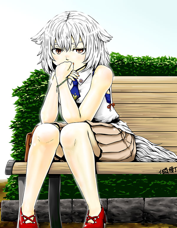 bare_legs bench bracelet brown_eyes casual commentary_request hair_flaps hand_on_own_chin inubashiri_momiji jewelry knees_together_feet_apart looking_at_viewer necktie park park_bench pleated_skirt red_footwear shirt shoes short_hair sitting skirt sleeveless sleeveless_shirt solo tail touhou translation_request undershirt white_hair white_shirt yokochou