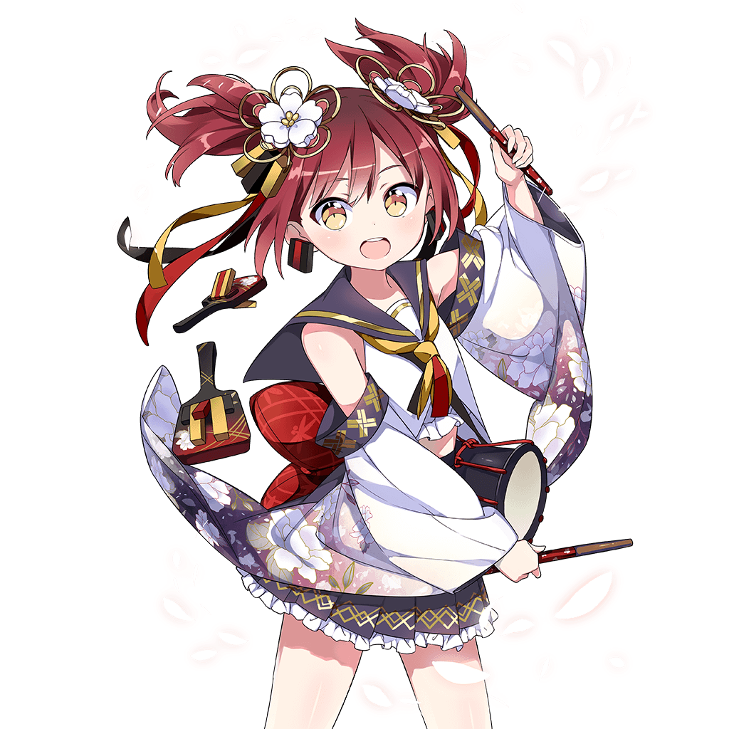:d aoba_mahiru detached_sleeves drum drumsticks earrings floral_print flower hair_flower hair_ornament instrument jewelry looking_at_viewer midriff naruko_(instrument) official_art open_mouth pleated_skirt red_hair sailor_collar sama short_hair short_twintails skirt smile solo transparent_background twintails uchi_no_hime-sama_ga_ichiban_kawaii wide_sleeves yellow_eyes