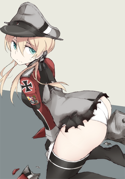 ass blonde_hair green_eyes kantai_collection kneeling microskirt military military_uniform panties prinz_eugen_(kantai_collection) skirt solo souji torn_clothes torn_skirt twintails underwear uniform white_panties
