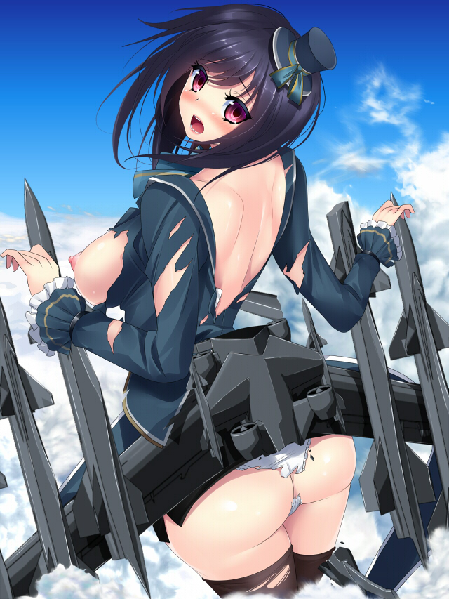 aircraft airplane ass back blush breasts cloud cloudy_sky day embarrassed fighter_jet flying hat inma_kourin_devil_carnival jet large_breasts medium_hair mikan_(5555) military military_vehicle mini_hat nipples panties pink_eyes puffy_nipples purple_hair skirt sky solo thighhighs torn_clothes torn_legwear torn_panties torn_skirt torn_sleeves underwear white_panties