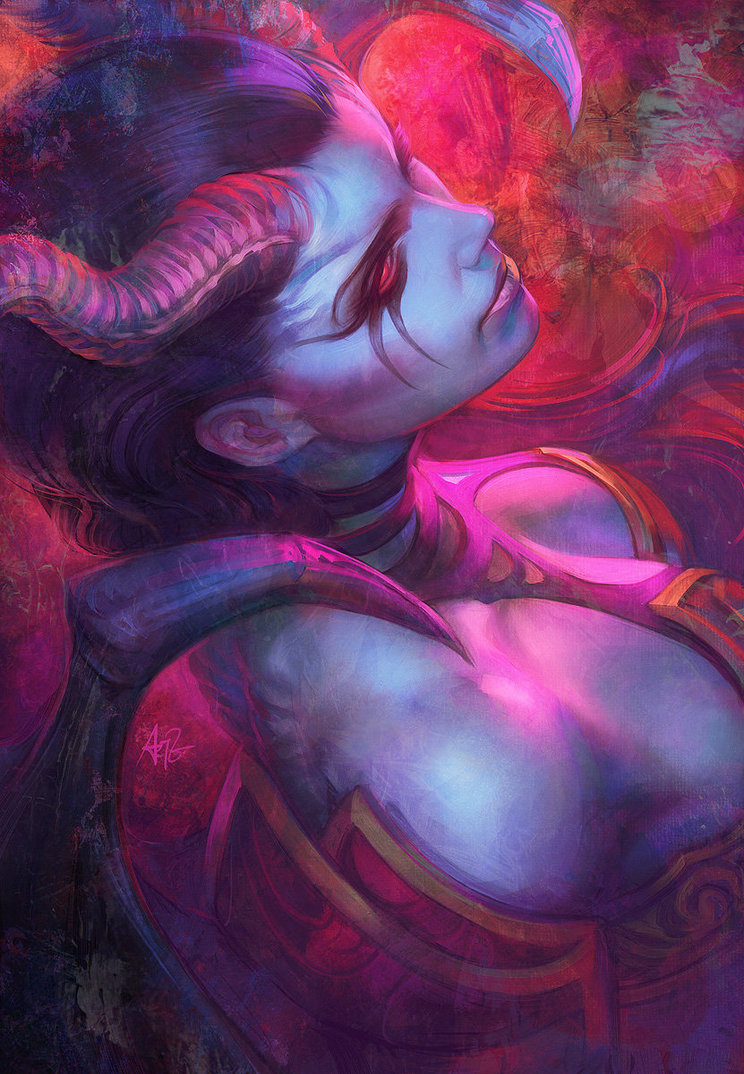 akasha_the_queen_of_pain artgerm bare_shoulders big_breasts black_hair blue_hair blue_skin breasts defense_of_the_ancients demon dota female hair hi_res horn lips long_hair red_eyes solo succubus video_games wings