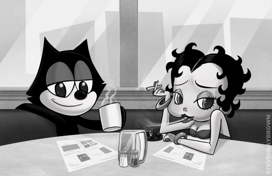 anthro ashtray betty_boop betty_boop_(series) black_fur black_hair bracelet breasts cat cigarette cleavage clothed clothing crossover cup ear_piercing feline felix_the_cat felix_the_cat_(series) female fur greyscale hair holding_cup human inside invalid_tag jewelry looking_at_viewer male mammal monochrome nude pepper_(disambiguation) piercing salt short_hair sitting smile smoke smoking steam stevenraybrown table window