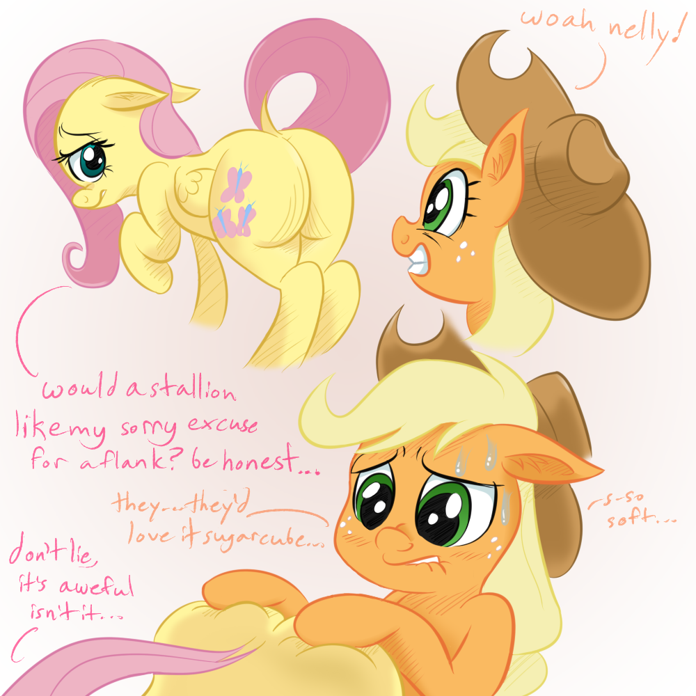 adequality applejack_(mlp) big_butt blonde_hair blush butt butt_grab butt_squish comic cutie_mark dialogue duo earth_pony english_text equine feathered_wings feathers female female/female feral fluttershy_(mlp) freckles friendship_is_magic fur green_eyes hair half-closed_eyes hand_on_butt hat horse khorme long_hair looking_back mammal my_little_pony pegasus pink_hair pony presenting presenting_hindquarters raised_tail simple_background sweat text wings