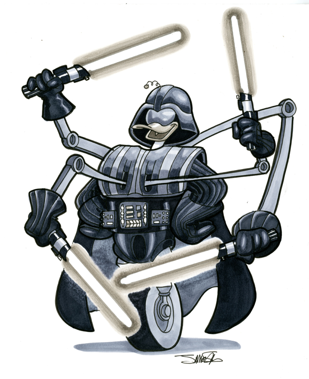 1_leg 4_fingers 6_arms armor clothing darth_vader duck_tales gizmoduck gloves helmet james_silvani lightsaber machine male multi_arm multi_limb open_mouth open_smile robot simple_background smile solo star_wars white_background white_body