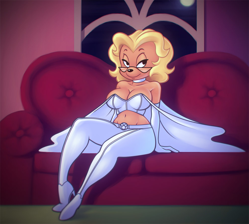 black_nose blonde_hair breasts cleavage clothed clothing cosplay disney elbow_gloves emma_frost eyewear female footwear glasses gloves goof_troop hair inside marvel ms._pennypacker night shoes sitting smile solo supernitro x-men