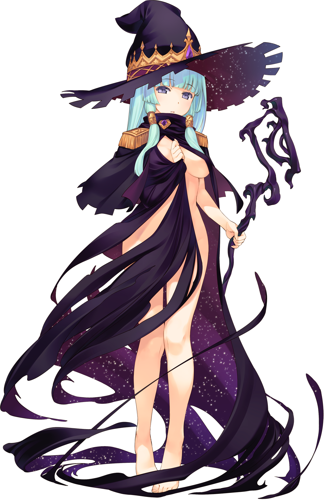 :o aquaplus bangs barefoot blue_eyes blunt_bangs breasts cape cloak dungeon_travelers_2 eyebrows eyebrows_visible_through_hair fiora_marsh full_body hat highres holding holding_staff light_blue_hair long_hair looking_at_viewer medium_breasts naked_cape official_art print_cape print_hat sidelocks solo staff standing starry_sky_print sumaki_shungo transparent_background witch_hat