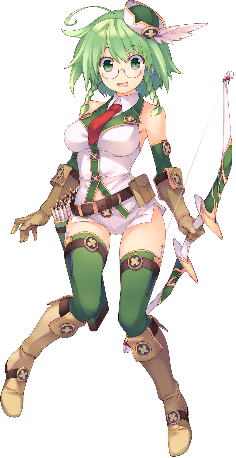 aquaplus bare_shoulders belt belt_pouch boots bow_(weapon) dungeon_travelers_2 elbow_gloves full_body glasses gloves green_eyes green_hair green_legwear hat highres holding holding_weapon knee_boots monica_macy open_mouth pouch quiver short_hair short_shorts shorts sleeveless solo standing sumaki_shungo transparent_background weapon