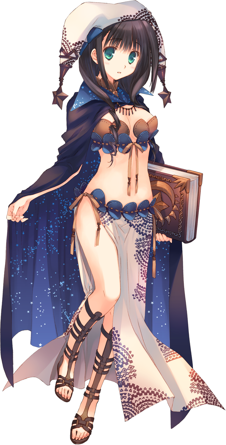 aqua_eyes aquaplus black_hair book breasts cape cleavage dungeon_travelers_2 full_body hat highres holding looking_at_viewer medium_breasts melvy_de_florencia midriff mitsumi_misato open_mouth pelvic_curtain sandals side_slit solo standing star star_print transparent_background