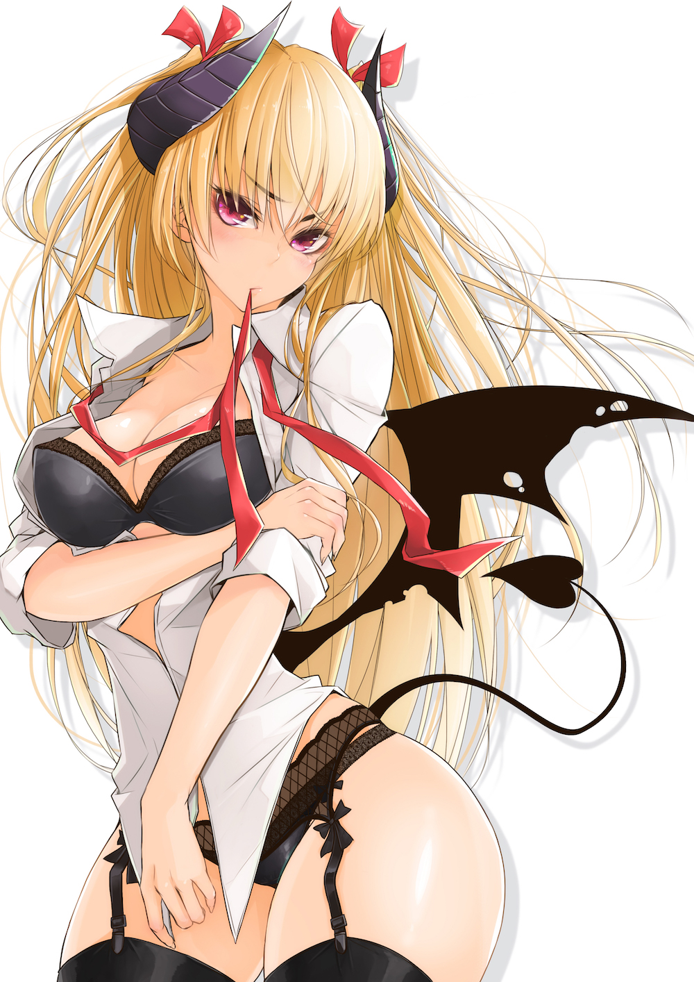 1girl bangs bat_wings black_bow black_bra black_legwear black_panties blonde_hair blush bow bra breasts cleavage collared_shirt contrapposto cowboy_shot demon_girl demon_horns demon_tail demon_wings eyebrows eyebrows_visible_through_hair eyelashes fingernails garter_belt hair_ribbon hand_on_own_arm head_tilt highres holding_arm horns lace large_breasts lips long_hair looking_at_viewer mouth_hold neck_ribbon no_pants open_clothes open_shirt original panties purple_eyes red_ribbon ribbon ribbon_in_mouth shadow sharp_fingernails shirt simple_background sleeves_rolled_up solo standing succubus tail thighhighs two_side_up underwear untied weapon white_background white_shirt wings