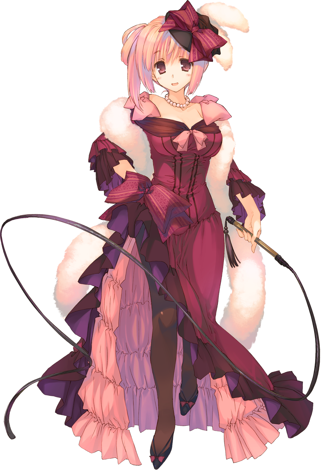 aquaplus bow breasts conette_st._honore detached_sleeves dungeon_travelers_2 full_body hand_on_hip hat high_heels highres holding holding_weapon jewelry large_breasts mitsumi_misato necklace open_mouth pantyhose pink_hair red_eyes short_hair side_slit solo transparent_background weapon whip