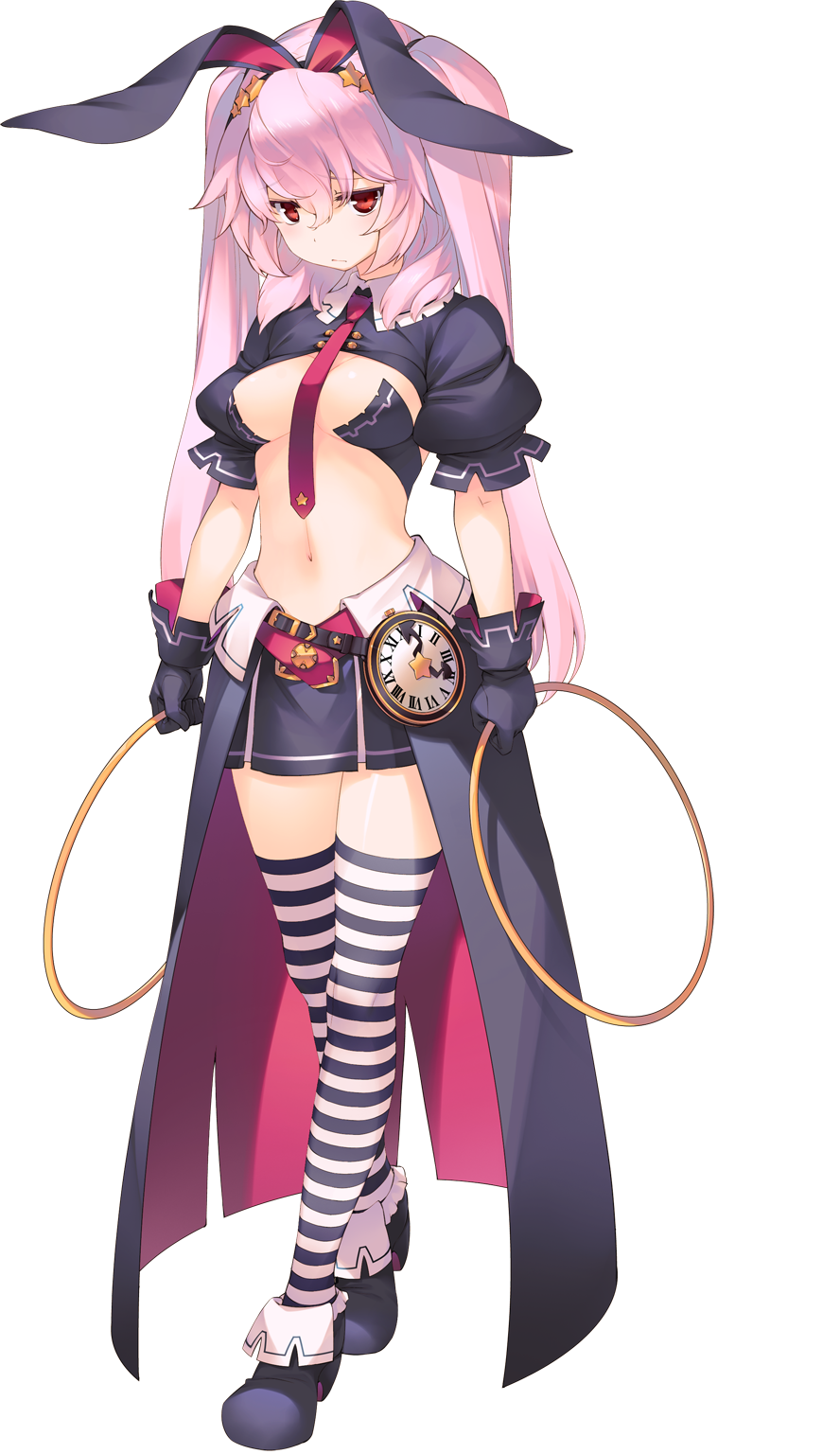 animal_ears breasts bunny_ears dual_wielding dungeon_travelers_2 fake_animal_ears full_body gloves highres holding hoop jitome lilian_craper long_hair medium_breasts necktie official_art pink_hair puffy_sleeves red_eyes skirt solo striped striped_legwear sumaki_shungo thighhighs transparent_background twintails