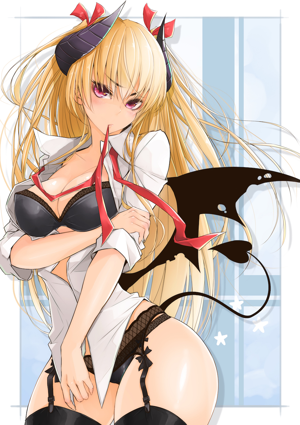 1girl bangs bat_wings black_bow black_bra black_legwear black_panties blonde_hair blush border bow bra breasts cleavage collared_shirt contrapposto cowboy_shot demon_girl demon_horns demon_tail demon_wings eyebrows eyebrows_visible_through_hair eyelashes fingernails garter_belt hair_ribbon hand_on_own_arm head_tilt highres holding_arm horns lace large_breasts lips long_hair looking_at_viewer mouth_hold neck_ribbon no_pants open_clothes open_shirt original outside_border panties purple_eyes red_ribbon ribbon ribbon_in_mouth sharp_fingernails shirt sleeves_rolled_up solo standing succubus tail thighhighs two_side_up underwear untied white_border white_shirt wings