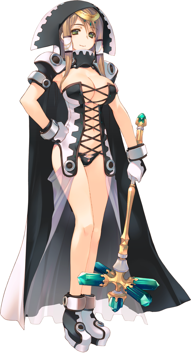 amazuyu_tatsuki breasts brown_hair cape cleavage dungeon_travelers_2 full_body gem gloves green_eyes hand_on_hip highres holding hood irena_rosenmeier large_breasts long_hair looking_at_viewer official_art smile solo transparent_background wand