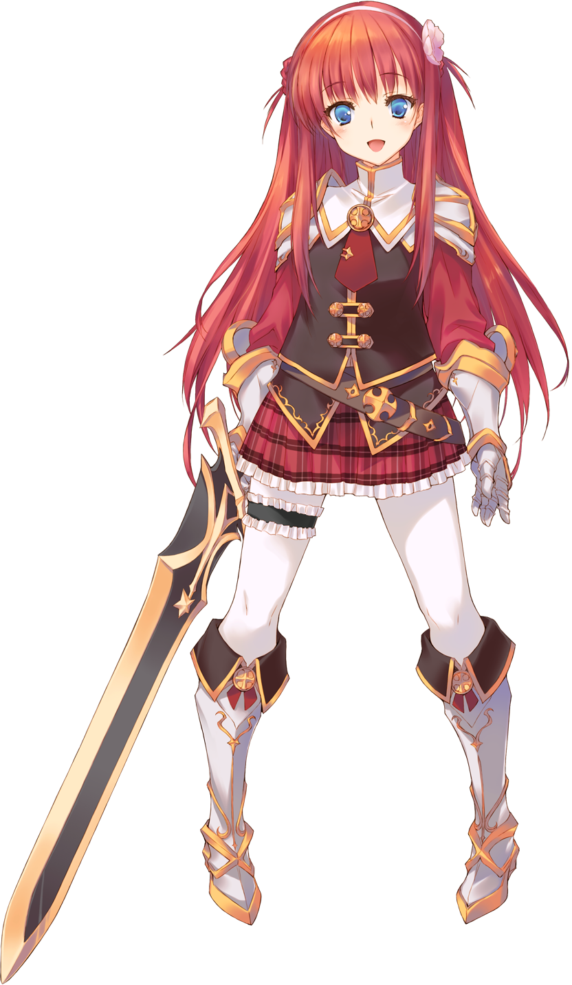 :d alisia_heart aquaplus blue_eyes blush boots dungeon_travelers_2 flower full_body gauntlets hair_flower hair_ornament headband highres holding holding_weapon kawata_hisashi knee_boots long_hair looking_at_viewer open_mouth pantyhose pauldrons pleated_skirt red_hair skirt smile solo standing sword thigh_strap transparent_background weapon