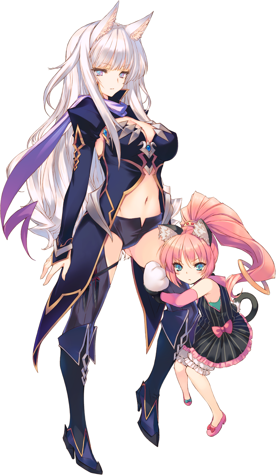 animal_ears aqua_eyes blue_eyes boots bow_footwear breasts cat_ears cat_tail child cleavage doll dress dungeon_travelers_2 elbow_gloves full_body furrowed_eyebrows gloves high_ponytail highres kawata_hisashi large_breasts leg_hug long_hair long_sleeves mary_janes mefmera multiple_girls official_art paw_gloves paws pink_hair shoes short_shorts shorts striped tail transparent_background vertical_stripes white_hair