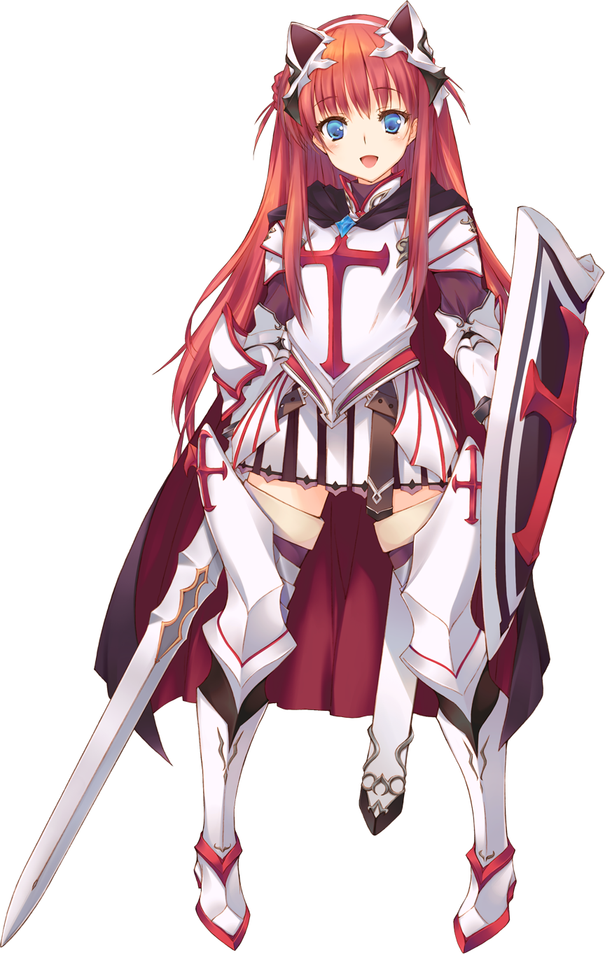alisia_heart animal_ears aquaplus blue_eyes cross dungeon_travelers_2 fake_animal_ears full_body highres holding holding_sword holding_weapon kawata_hisashi long_hair looking_at_viewer official_art open_mouth skirt solo sword transparent_background weapon