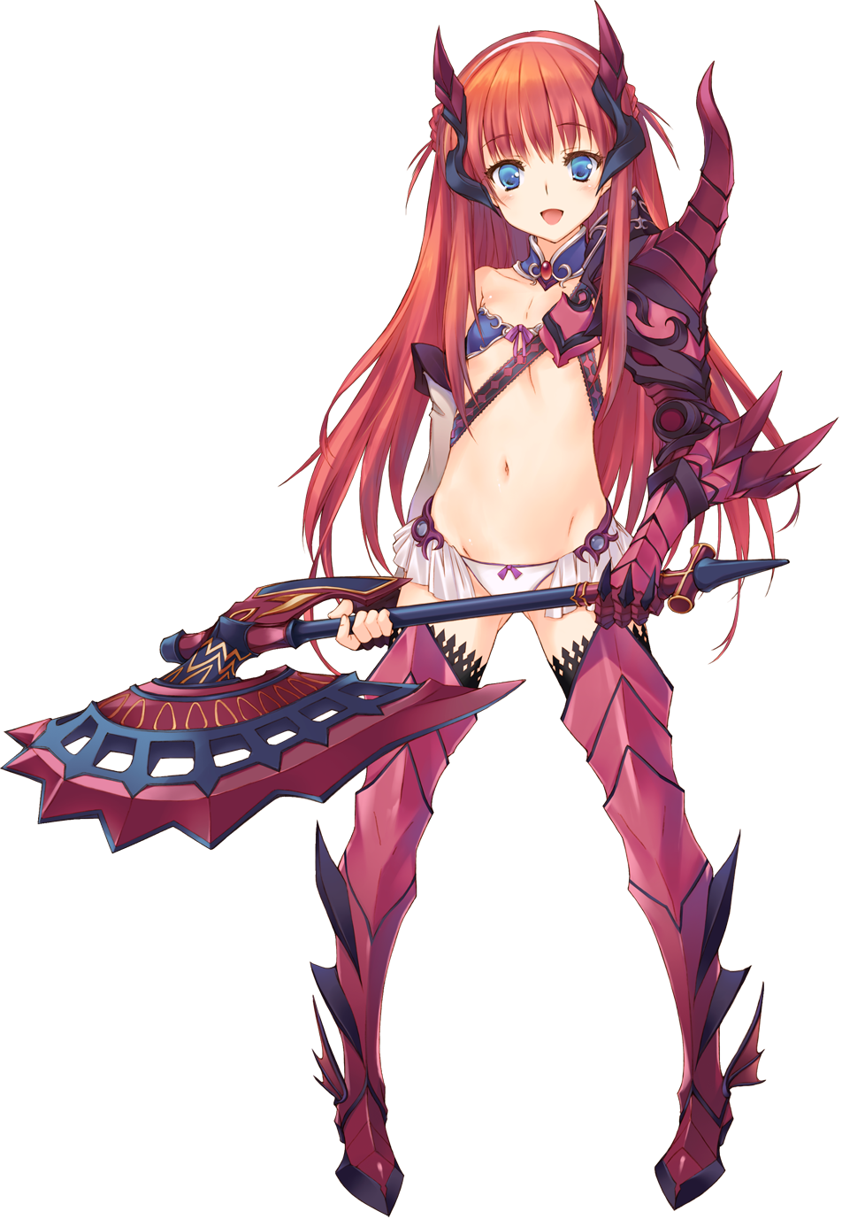 alisia_heart aquaplus armor armored_boots axe bikini_armor blue_eyes boots bow bow_panties dungeon_travelers_2 fingerless_gloves flat_chest full_body gloves highres holding holding_axe kawata_hisashi long_hair looking_at_viewer navel official_art open_mouth panties red_hair solo transparent_background underwear white_panties