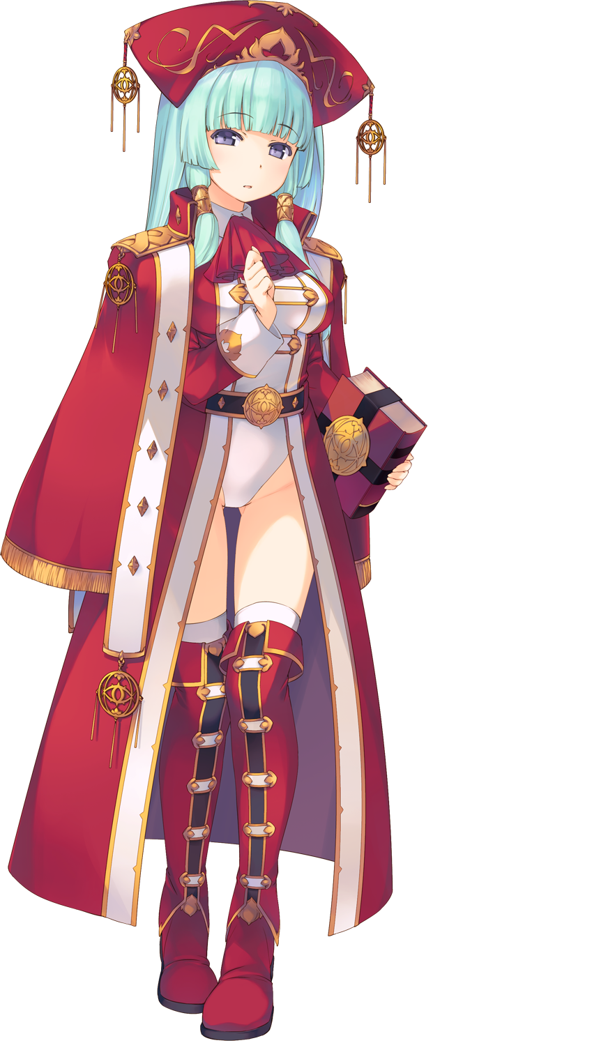 :o aquaplus blue_eyes book boots coat dungeon_travelers_2 fiora_marsh full_body headdress highres holding leotard leotard_under_clothes light_blue_hair long_sleeves looking_at_viewer official_art sidelocks solo sumaki_shungo thigh_boots thighhighs transparent_background white_leotard