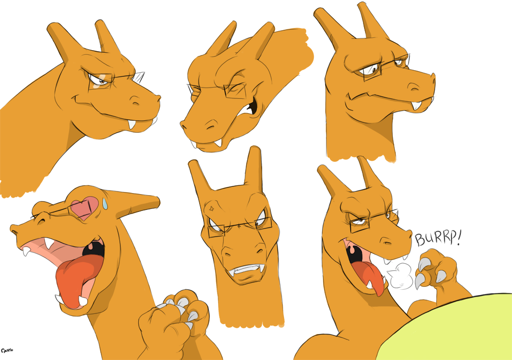 &lt;3 &lt;3_eyes 2016 3_fingers angry burping canson charizard claws digital_media_(artwork) dragon expressions eyes_closed eyewear fangs glasses horn long_neck male multicolored_scales nintendo open_mouth orange_horn orange_scales pink_tongue pok&eacute;mon scales scalie signature simple_background solo teeth tongue two_tone_scales uvula video_games white_background yellow_scales