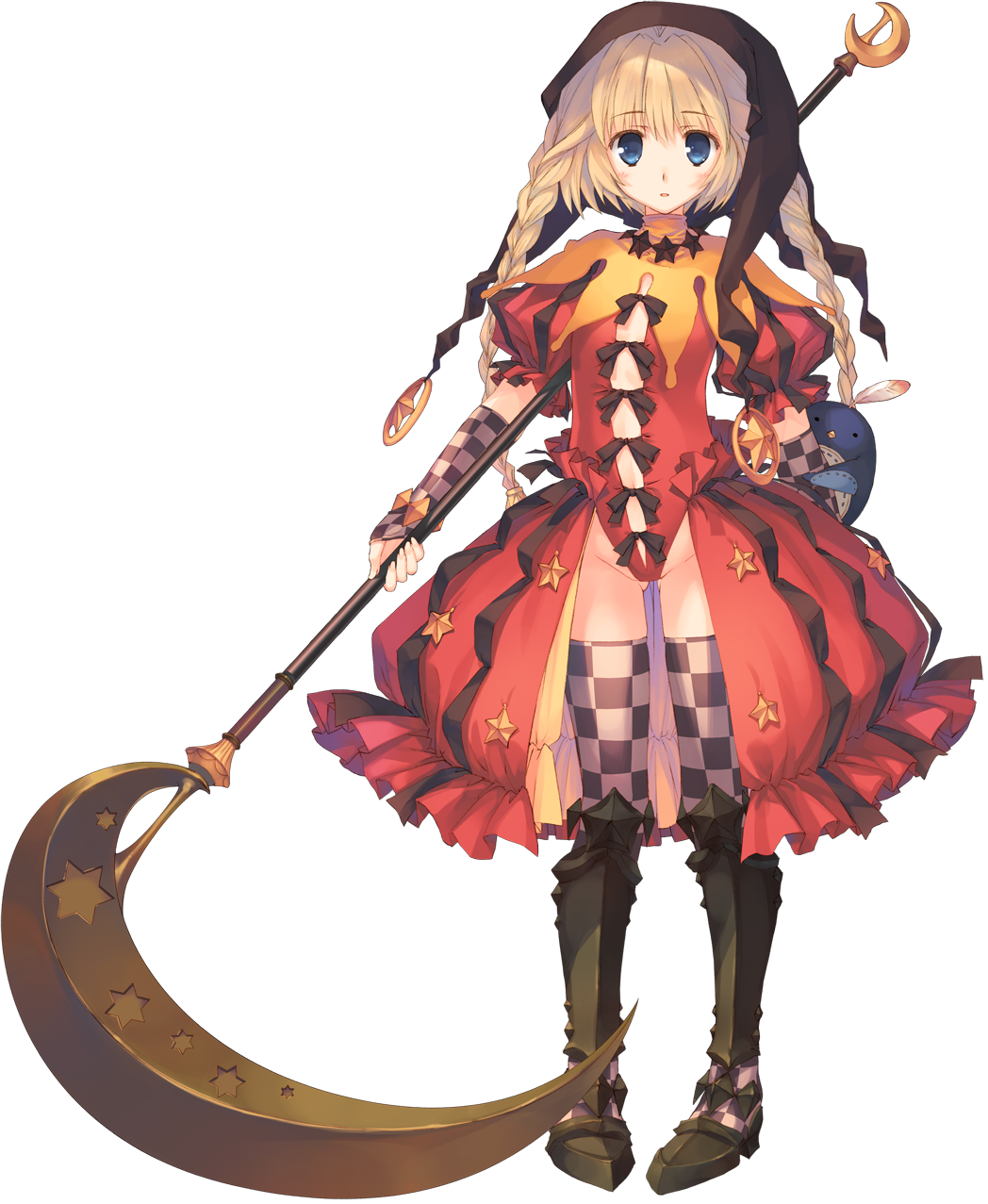 aquaplus blonde_hair blue_eyes braid detached_sleeves dungeon_travelers_2 elbow_gloves full_body gloves hat highres holding holding_weapon leotard lizerietta_marsh looking_at_viewer mitsumi_misato open_mouth overskirt puffy_short_sleeves puffy_sleeves red_leotard scythe short_sleeves solo stuffed_toy thighhighs transparent_background twin_braids weapon