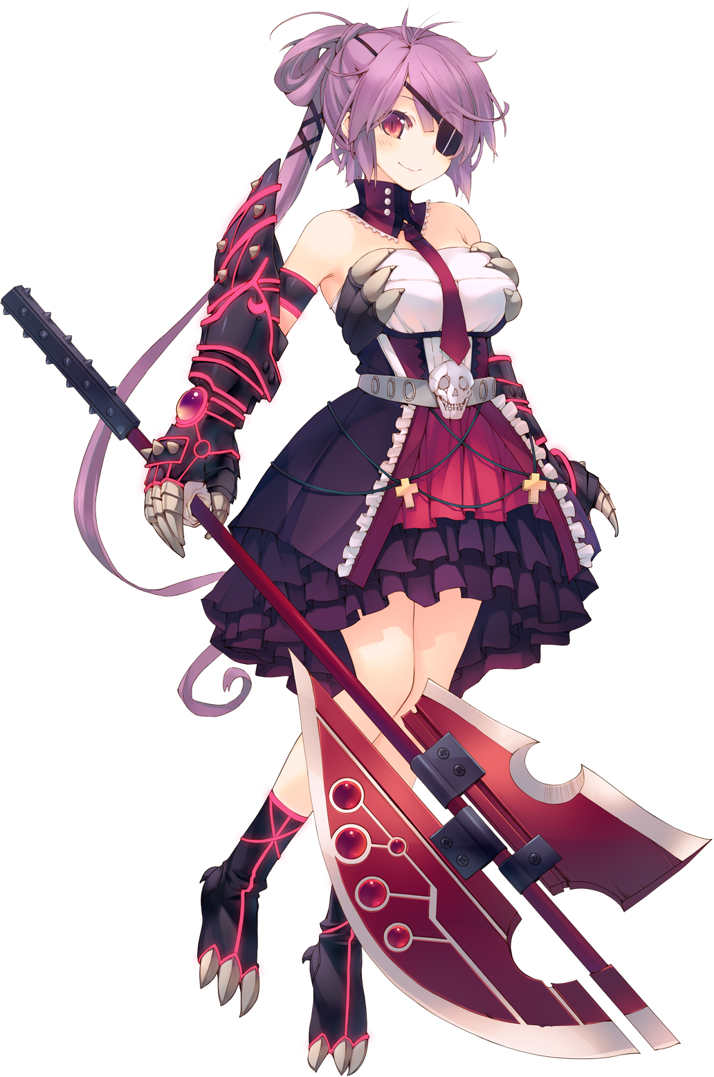 aquaplus axe cross detached_collar dress dungeon_travelers_2 eyepatch full_body greaves highres holding holding_axe houzouji_yae jewelry kokonoka long_hair looking_at_viewer necklace ponytail purple_hair red_eyes skull smile solo transparent_background