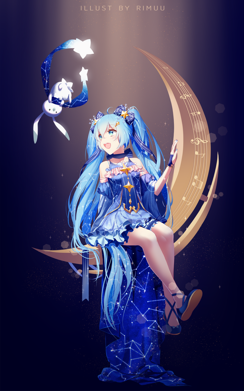 artist_name beamed_eighth_notes blue_eyes blue_hair bunny constellation crescent_moon detached_sleeves dress eighth_note fingerless_gloves gloves hair_ornament hairclip hatsune_miku highres long_hair moon musical_note open_mouth rimuu scarf sitting sixteenth_note staff_(music) star_night_snow_(vocaloid) treble_clef twintails very_long_hair vocaloid yuki_miku yukine_(vocaloid)