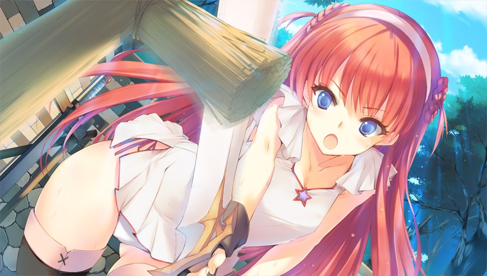 :o alisia_heart aquaplus blue_eyes braid day dungeon_travelers_2 french_braid game_cg holding holding_sword holding_weapon kawata_hisashi long_hair official_art open_mouth outdoors panties red_hair side-tie_panties skirt sleeveless solo sword thighhighs underwear weapon