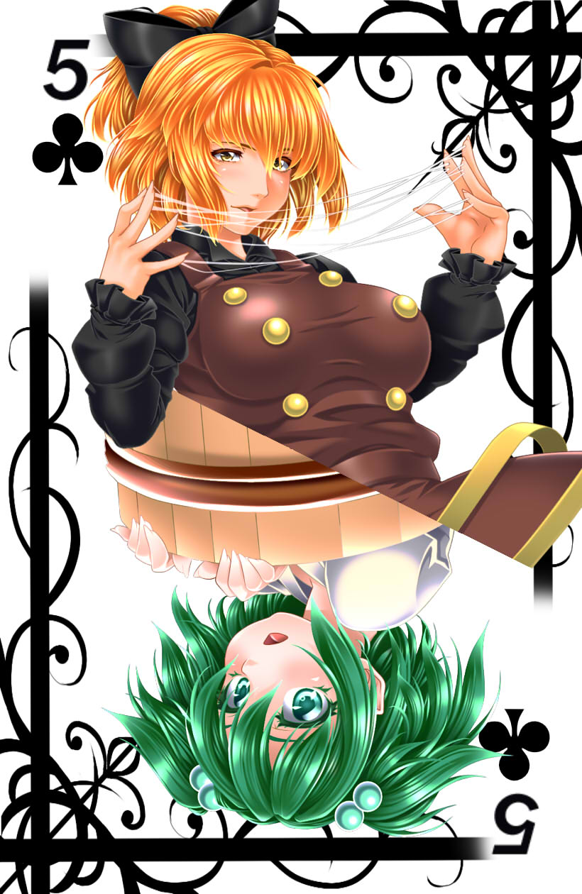 black_bow blush bow breasts brown_dress bucket card commentary_request dress green_eyes green_hair hair_bobbles hair_bow hair_ornament highres in_bucket in_container japanese_clothes kimono kisume kurodani_yamame large_breasts long_sleeves looking_at_viewer multiple_girls open_mouth orange_hair parted_lips playing_card ponytail smile string touhou two_side_up upper_body upside-down yellow_eyes yoiti