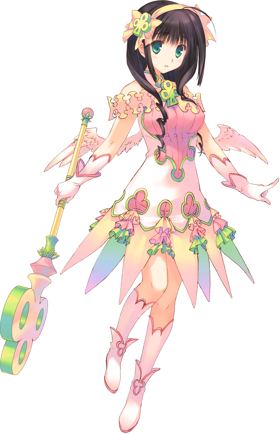 aquaplus black_hair boots dress dungeon_travelers_2 full_body gloves green_eyes hairband highres long_hair melvy_de_florencia mitsumi_misato official_art solo transparent_background wand wings