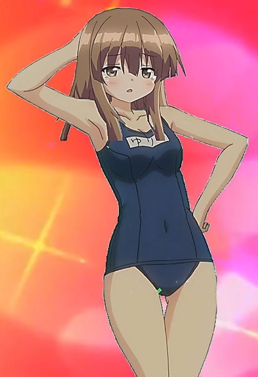 armpits artist_request bangs bare_arms bare_shoulders blunt_bangs chestnut_mouth cleavage collarbone covered_navel hand_on_hip igarashi_sae lance_n'_masques legs looking_at_viewer medium_breasts mound_of_venus name_tag school_swimsuit swimsuits tears thigh_gap very_long_hair
