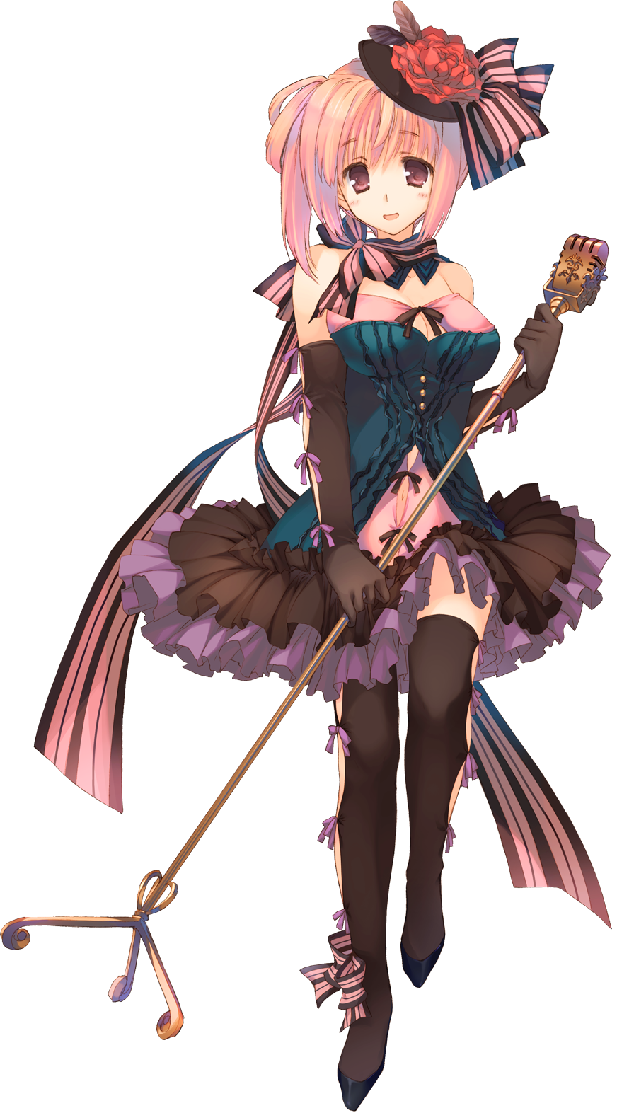 aquaplus black_gloves conette_st._honore dress dungeon_travelers_2 elbow_gloves eyebrows eyebrows_visible_through_hair full_body gloves hair_ornament highres holding microphone mitsumi_misato official_art pink_eyes pink_hair skirt solo thighhighs transparent_background