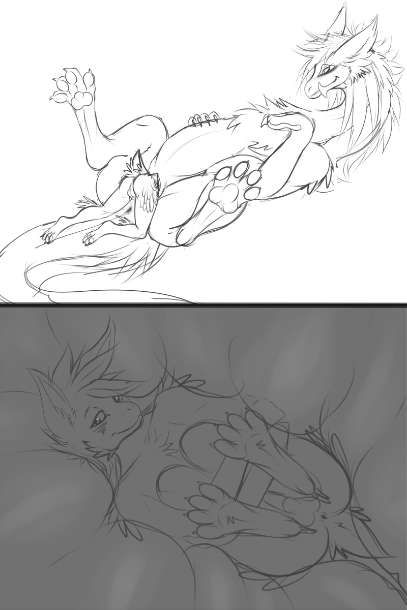 2016 anthro anthro_on_feral balls bestiality butt claws dragon duo female feral fetal_position fur furred_dragon hair hand_on_stomach internal kanevex larger_female long_hair looking_at_viewer male male/female monochrome nude pawpads penis pussy size_difference sketch smaller_male smile spread_legs spreading toe_claws unbirthing vore