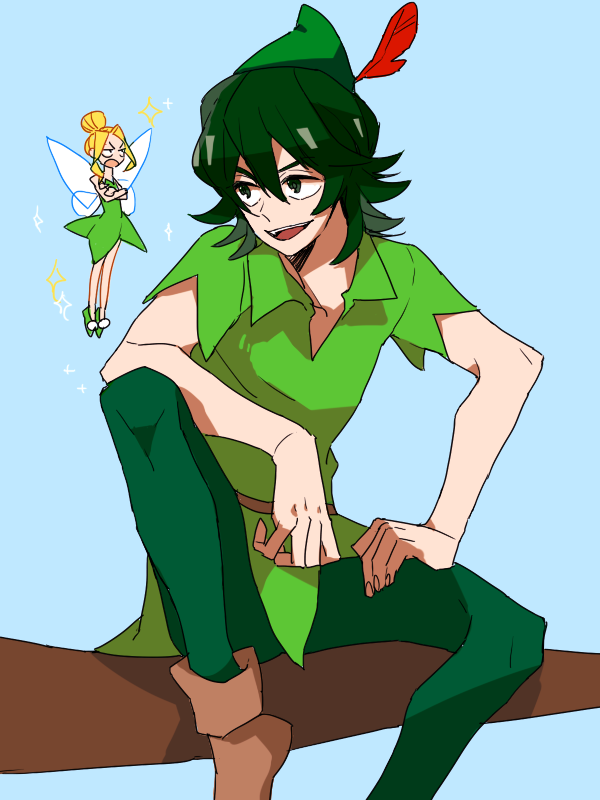 :d black_hair blonde_hair boots chappa_(kaetodo) cosplay crossed_arms hair_between_eyes hat hat_feather iori_shirou kill_la_kill multiple_boys open_mouth pantyhose peter_pan_(character) peter_pan_(disney) sanageyama_uzu smile tinker_bell_(disney) tinker_bell_(disney)_(cosplay)