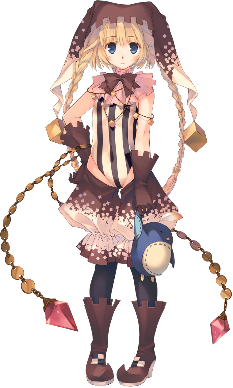 :o aquaplus bird blonde_hair blue_eyes boots braid dungeon_travelers_2 eyebrows eyebrows_visible_through_hair flat_chest full_body gloves hand_on_hip hat highres holding leotard lizerietta_marsh long_hair looking_at_viewer mitsumi_misato official_art penguin pigeon-toed pointy_shoes shoes striped stuffed_toy transparent_background twin_braids vertical_stripes