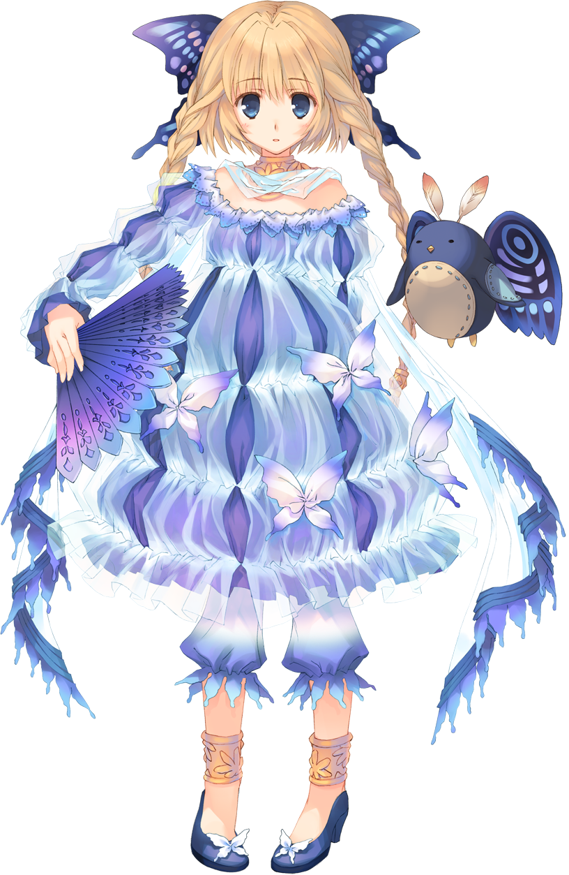 :o anklet aquaplus bird blonde_hair blue blue_eyes braid butterfly_hair_ornament dress dungeon_travelers_2 eyebrows eyebrows_visible_through_hair fan flying full_body hair_ornament highres holding holding_fan jewelry lizerietta_marsh long_hair long_sleeves looking_at_viewer mitsumi_misato official_art penguin pigeon-toed transparent_background twin_braids