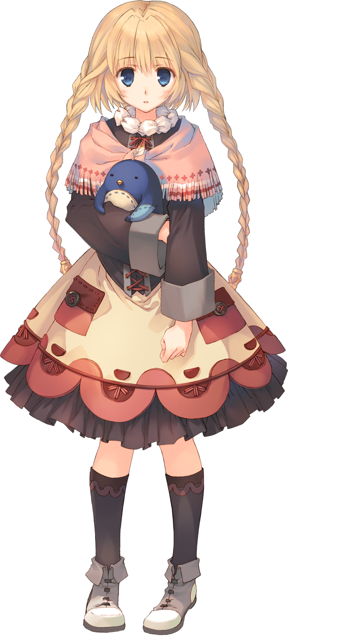 :o aquaplus bird blonde_hair blue_eyes braid dress dungeon_travelers_2 eyebrows eyebrows_visible_through_hair full_body highres lizerietta_marsh long_hair long_sleeves looking_at_viewer mitsumi_misato object_hug official_art penguin pigeon-toed stuffed_toy transparent_background twin_braids