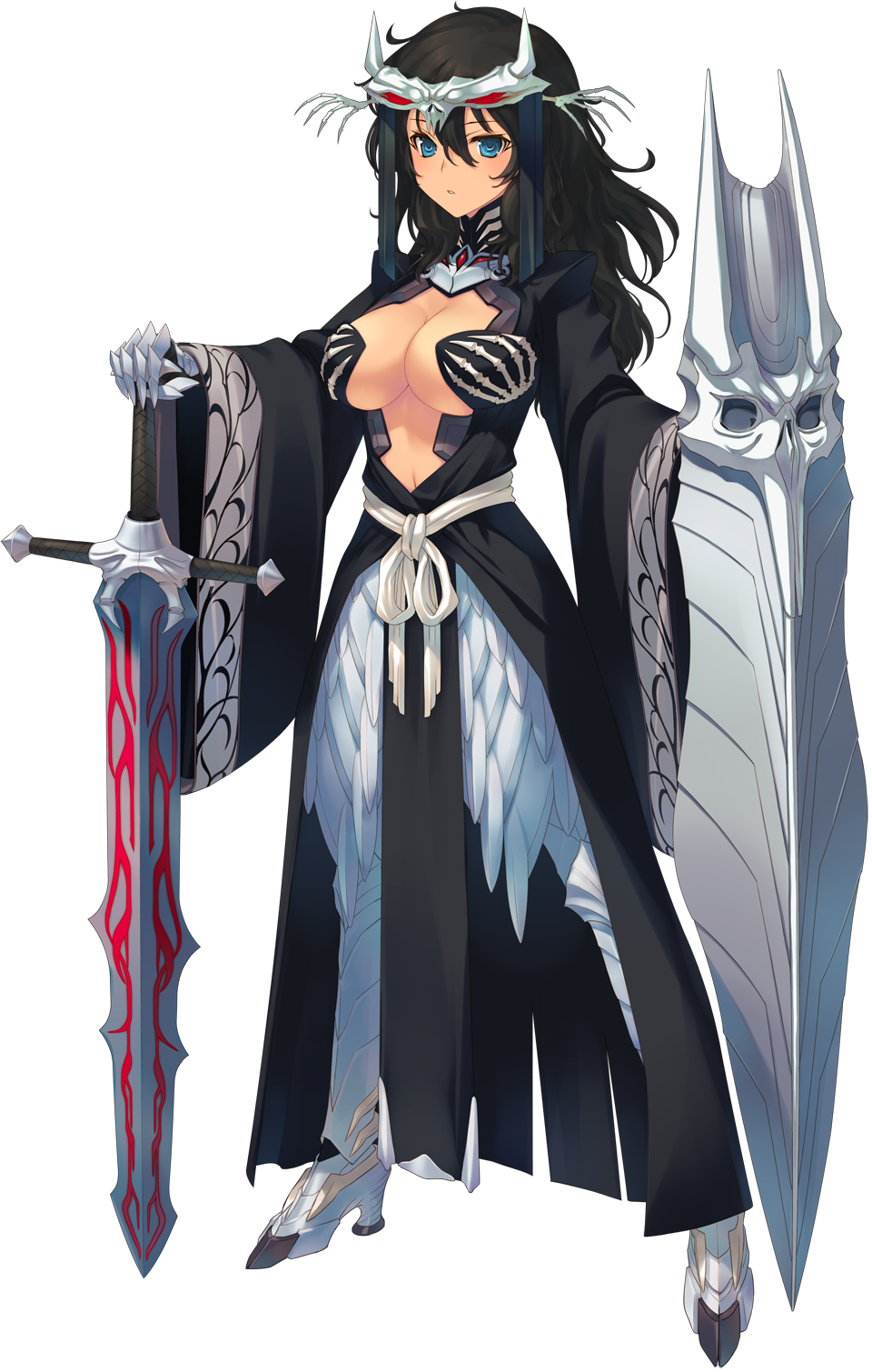 aquaplus armor armored_dress bou breasts center_opening cleavage dark_skin detached_sleeves dungeon_travelers_2 full_body grisherina_efleanor hair_ornament highres large_breasts long_hair looking_at_viewer shield solo standing sword thighhighs transparent_background weapon wide_sleeves