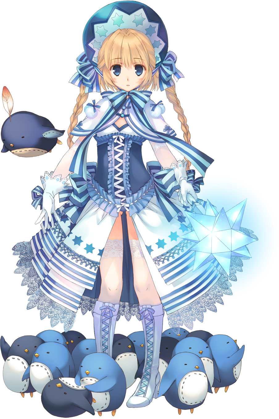 aquaplus bird blonde_hair blue blue_eyes boots braid dungeon_travelers_2 elbow_gloves eyebrows eyebrows_visible_through_hair flying full_body gloves headdress highres holding holding_weapon lace lace-trimmed_thighhighs lizerietta_marsh long_hair looking_at_viewer mace mitsumi_misato official_art penguin thighhighs transparent_background twin_braids weapon white_gloves white_legwear