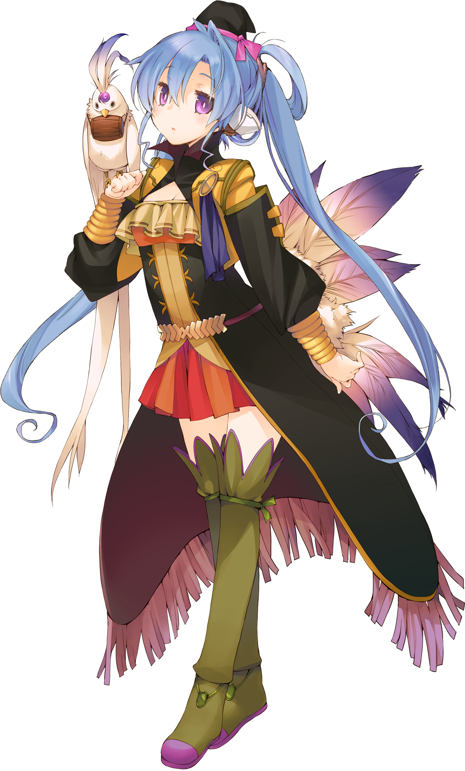 :o animal animal_on_shoulder bird_on_shoulder blue_hair boots bright_pupils clenched_hand dungeon_travelers_2 expressionless feathers fringe_trim full_body hat highres ist kokonoka long_hair long_sleeves looking_at_viewer official_art pleated_skirt purple_eyes skirt solo thigh_boots thighhighs transparent_background twintails