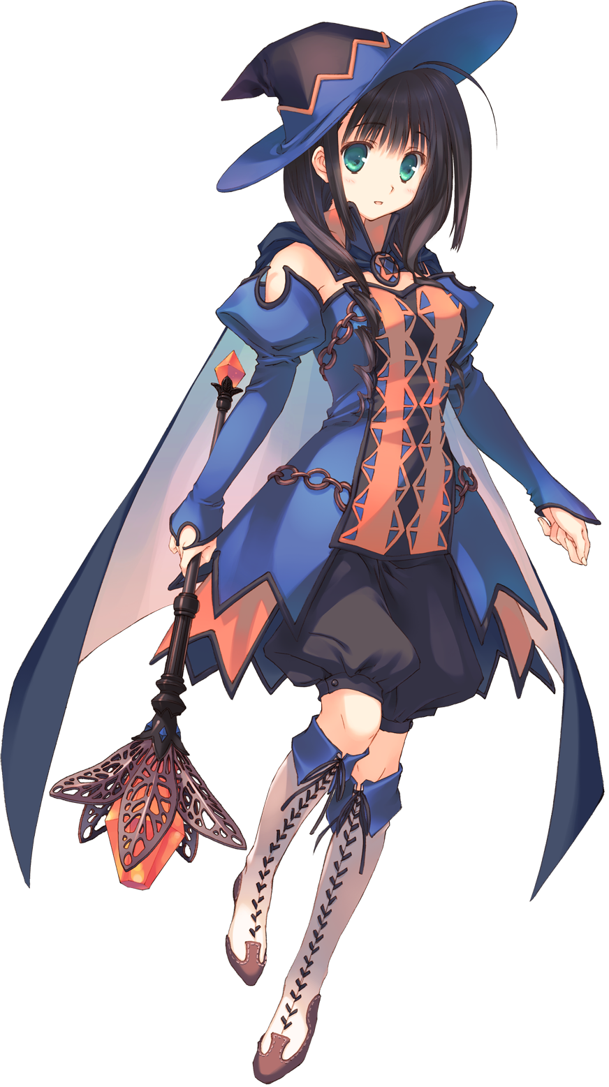 aquaplus black_hair boots cape detached_sleeves dungeon_travelers_2 full_body green_eyes hat highres holding long_hair melvy_de_florencia mitsumi_misato official_art puffy_pants solo transparent_background wand witch_hat