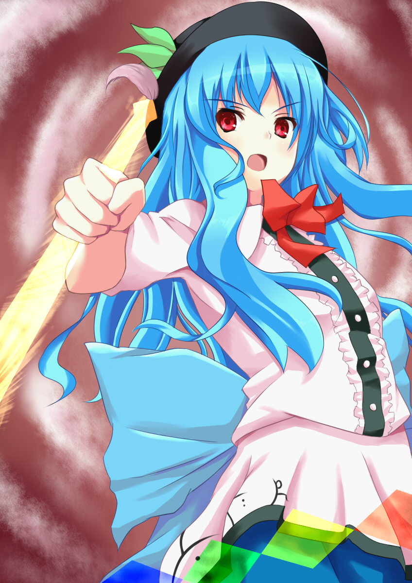bad_id bad_pixiv_id blue_hair hat highres hinanawi_tenshi long_hair red_eyes solo sword sword_of_hisou touhou weapon yappen