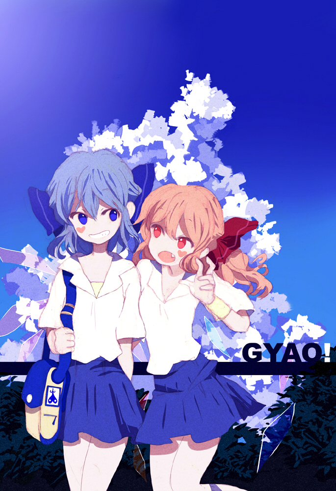 alternate_costume bad_id bad_pixiv_id bag blonde_hair blue_eyes blue_hair bow cirno contemporary facepaint fang flandre_scarlet gjf hair_bow heart heart_tattoo multiple_girls open_mouth ponytail red_eyes school_uniform short_hair smile tattoo touhou vampire wings