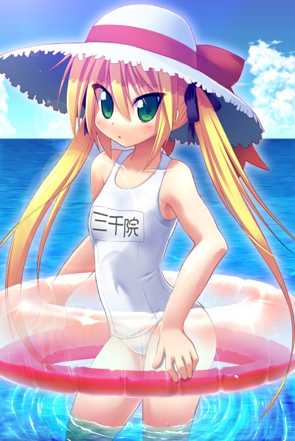 bad_id bad_pixiv_id blonde_hair cloud day green_eyes hair_ribbon hat hayate_no_gotoku! hoppege innertube lens_flare long_hair looking_at_viewer name_tag one-piece_swimsuit outdoors ribbon ripples sanzen'in_nagi school_swimsuit sky solo submerged sun_hat swimsuit tsurime white_school_swimsuit white_swimsuit