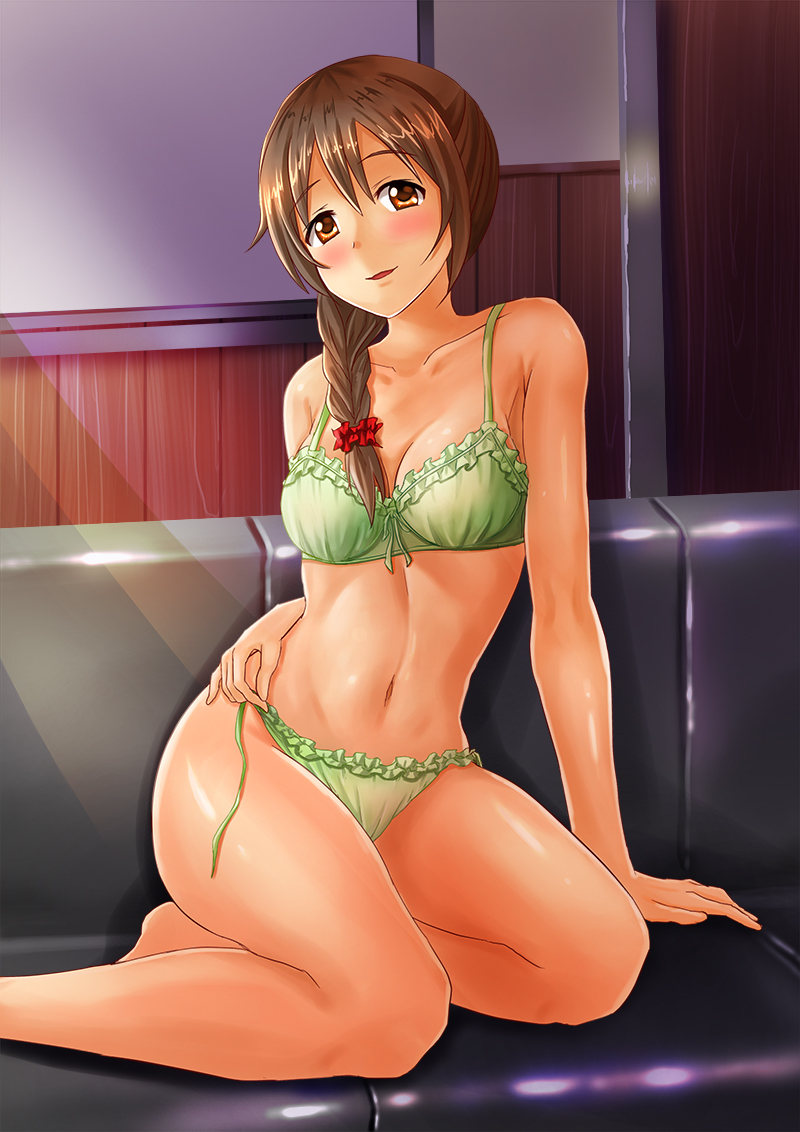 arm_support bangs barefoot blush bra braid breasts brown_hair collarbone frilled_bra frilled_panties frills green_bra green_panties hair_over_shoulder idolmaster idolmaster_cinderella_girls indoors kanbee0000 long_hair looking_at_viewer medium_breasts navel panties parted_lips scrunchie senkawa_chihiro side-tie_panties single_braid sitting sketch smile solo tan underwear underwear_only undressing untied untied_panties yokozuwari