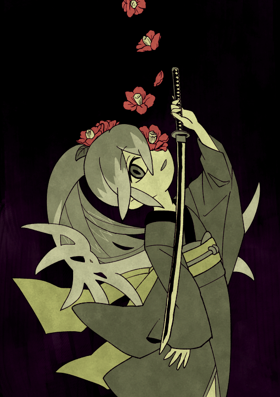 black_background flower hair_flower hair_ornament japanese_clothes katana kimono limited_palette long_hair looking_at_viewer mintperil multicolored_hair ponytail solo sword tsubakihime_(youkai_watch) two-tone_hair weapon youkai_watch