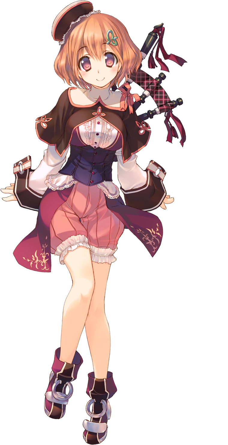 amazuyu_tatsuki bagpipes breasts dungeon_travelers_2 full_body hair_ornament hairclip hat highres instrument large_breasts long_sleeves looking_at_viewer official_art red_eyes short_hair smile solo transparent_background yuni_korgtech