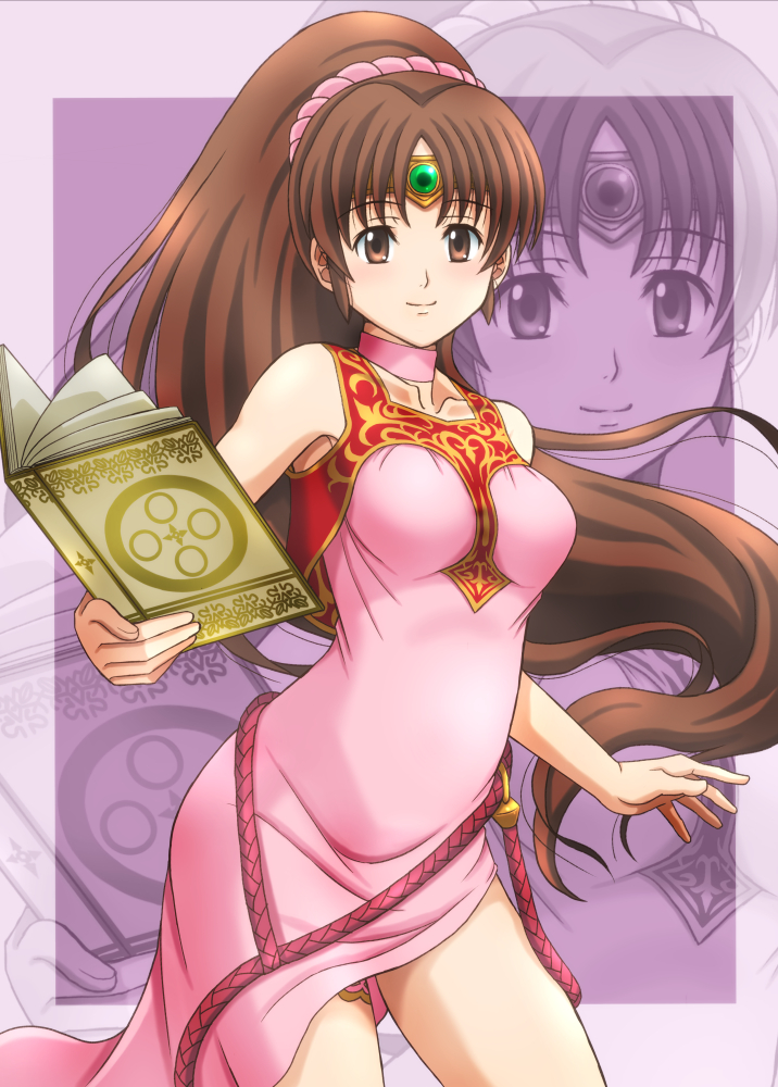 1girl book breasts brown_eyes brown_hair circlet collarbone commentary_request dress fire_emblem fire_emblem:_monshou_no_nazo fujii_satoshi hair_ornament hair_scrunchie holding holding_book light_blush light_smile linda_(fire_emblem) long_dress long_hair looking_at_viewer medium_breasts nintendo pink_dress pink_scrunchie ponytail scrunchie side_slit solo very_long_hair zoom_layer